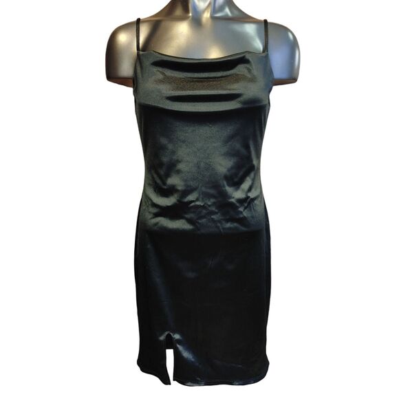 Popular 21 LG Sexy Slim Satin Black Dress Bodycon Mini Club Party Date Evening - Picture 1 of 3